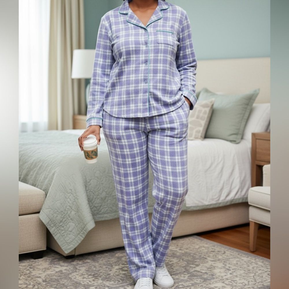 Adonna Womens Purple & Blue Plaid Fleece Pajamas Button Front Sleepwear Set